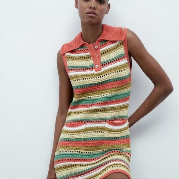 Zara Knit Crochet Striped Multicolor Sleeveless Dress NWOT Blogger Favorite - Picture 2 of 9